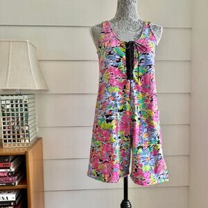 Vintage 90s Floral Print Romper Lace Up Neon Acid Floral